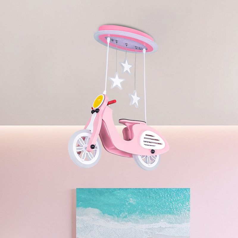 Wood Suspended Motorcycle Ceiling Light Cartoon Blue/Pink LED Flush Mount Lighting with Acrylic Shade