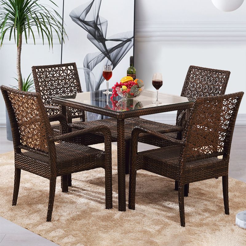 Contemporary Glass Top Dining Table Set 1/2/5/7 Pcs Brown Wicker Dining Set