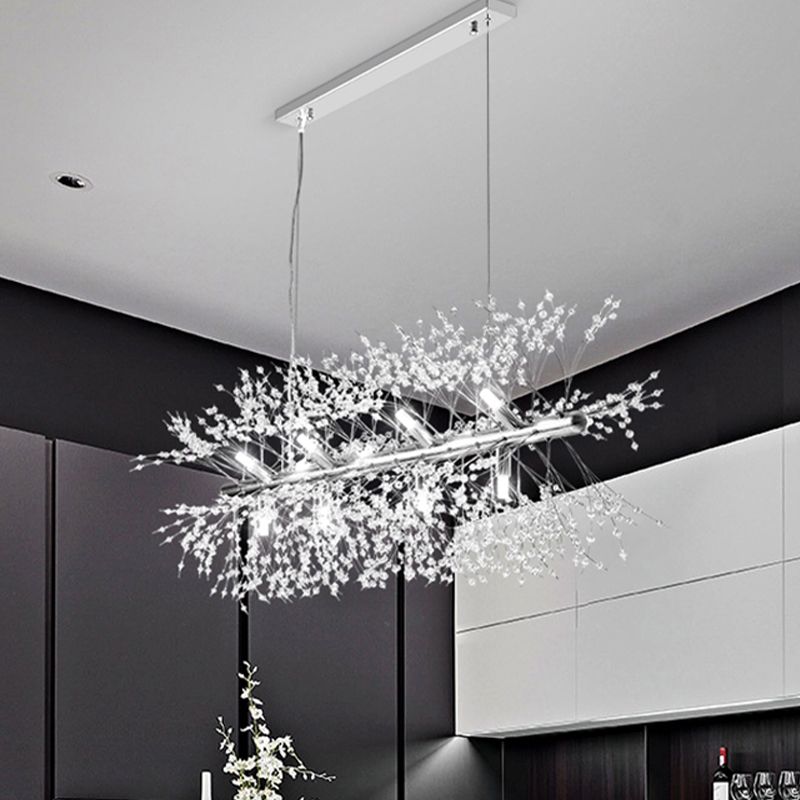 Crystal Beaded Sprig Island Lighting Modern 12 Bulbs Kitchen Hanging Pendant Light in Chrome
