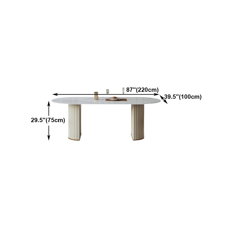 Mesa de comedor ovalada moderna de metal mesa de piedra sinterizada blanca con pedestal doble