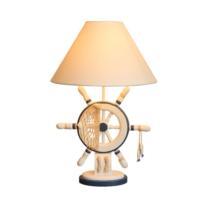 LifeBuoy / Rudder Wooden Table Light Kids Light Blue Blue Nightstand Lampe avec une teinte en tissu conique