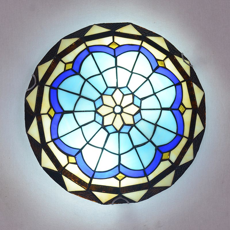 Dome Ceiling Flush Light Vintage Blue Handcrafted Glass Flushmount with Feather Pattern