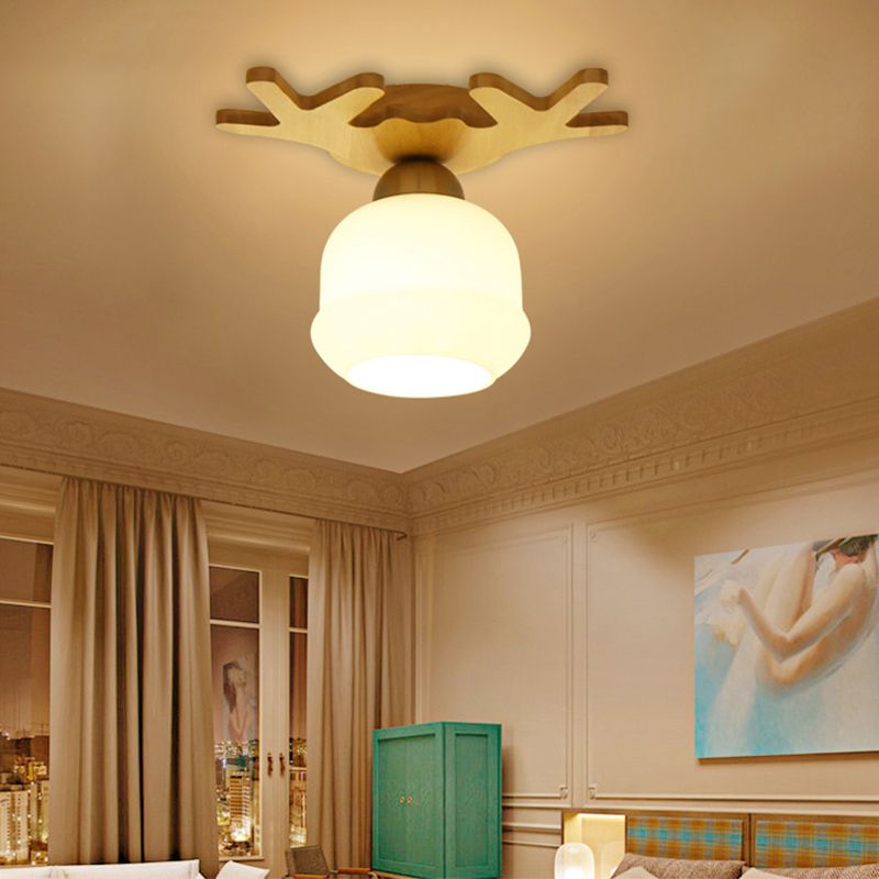 Shaded Entryway Flush Mount Lighting White Glass Nordic LED Flush Ceiling Light Fixture with Wooden Canopy