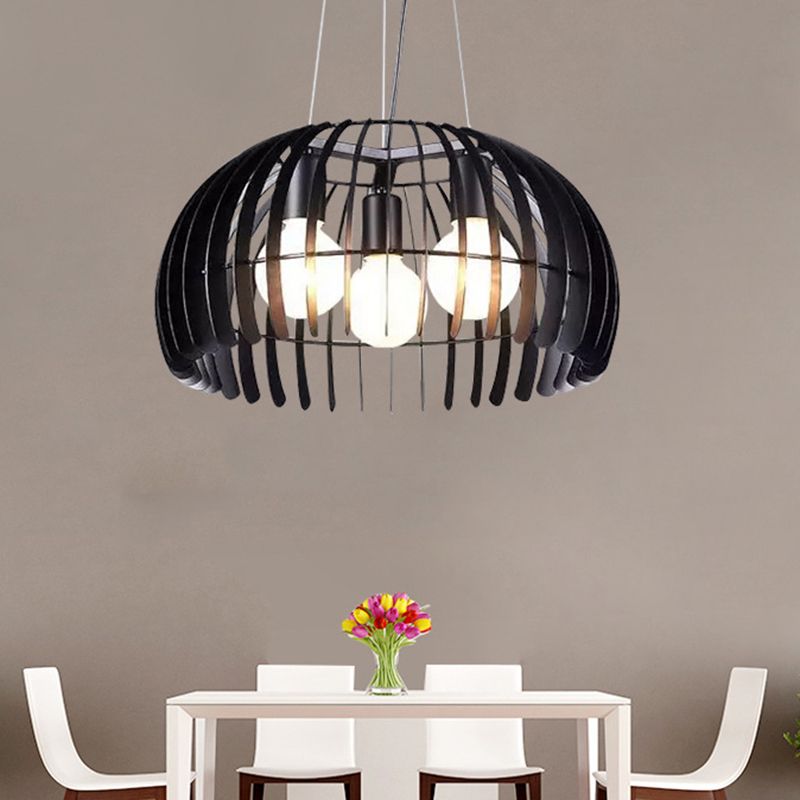 3 ampoules Dôme Hanging Light With Wire Guard Retro Style Black Metal Suspension Light for Dining Room