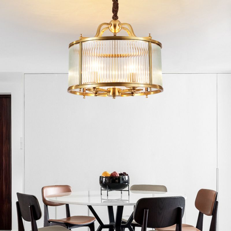 Copper Chandelier Light Fixtures American Style Multi-Head Drum Suspension Lamps with Glass Shade