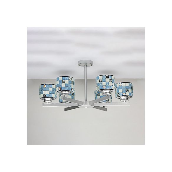 Modern Mosaic A sostenere il soffitto a 6 luci blu/giallo in vetro il lampadario appeso in finitura cromata