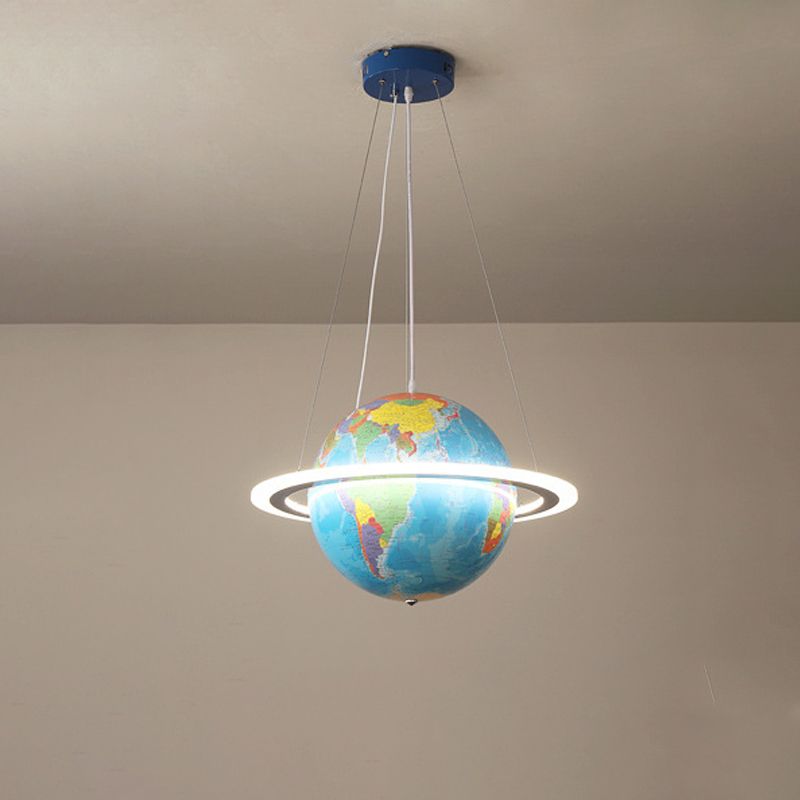 Blue Terrestrial Globe Chandelier Creative LED Acrylic Hanging Pendant with Ring for Nursery