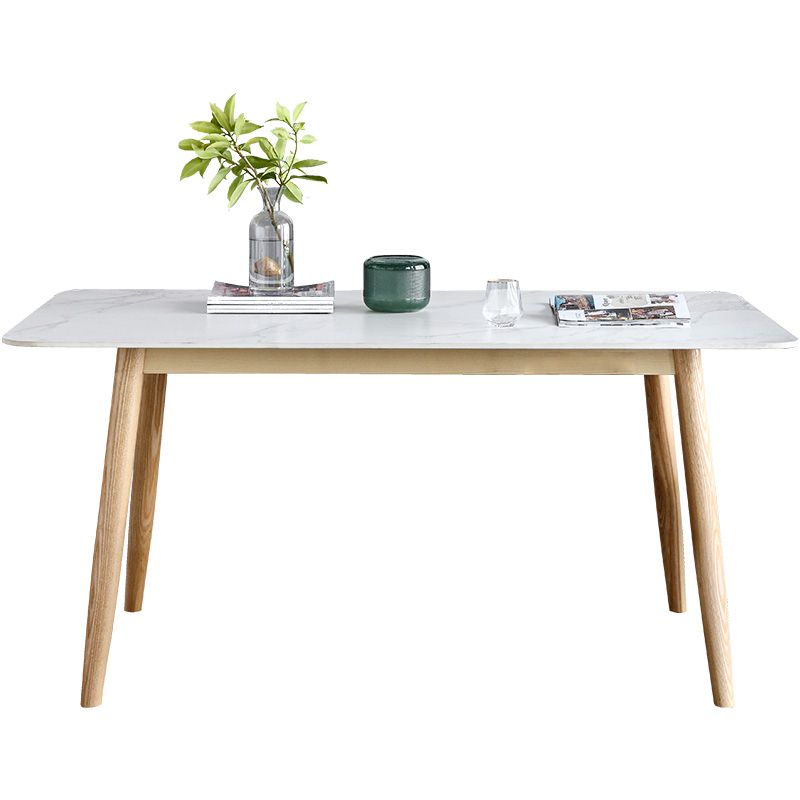 Mesa de comedor contemporánea rectángulo Mesa de piedra sinterizada blanca con base de madera maciza de cenizas