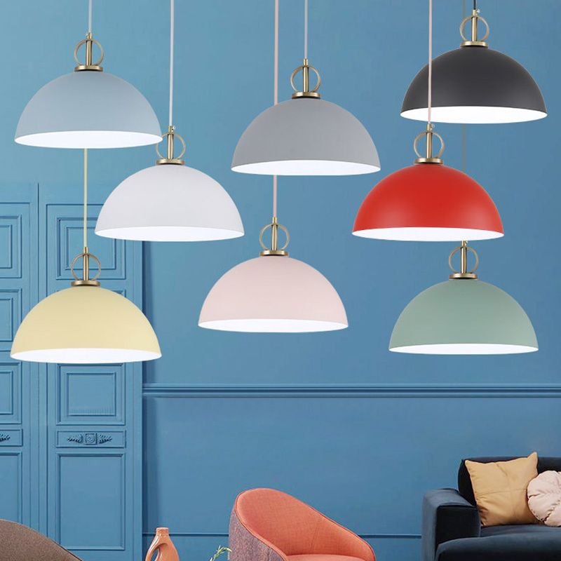 Macaron Dome Hanging Pendant Light Metal 1-Bulb Restaurant Pendulum Light with Brass Ring Deco