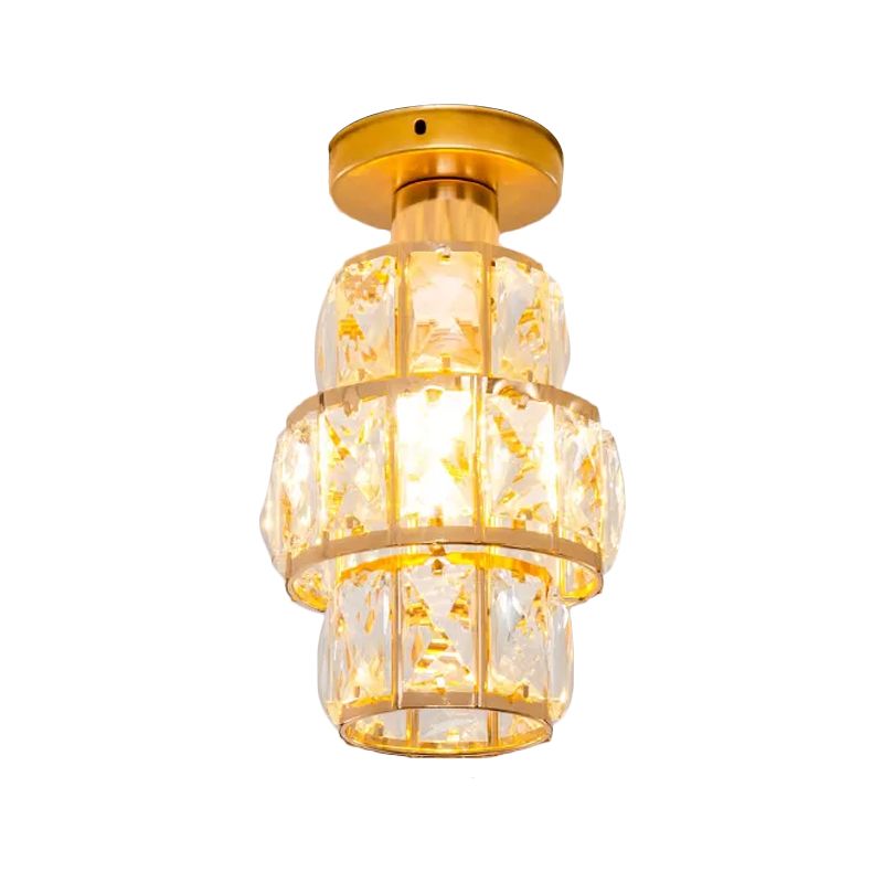 Single Beveled Crystal Inlaid Flush Light Traditional Gold Cylindrical Foyer Semi Flush Mounted Lamp