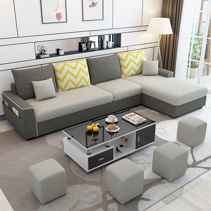 L-Shape Sofa Cushion Back Linen Blend Square Arm Sectional with Storage and Slipcovered