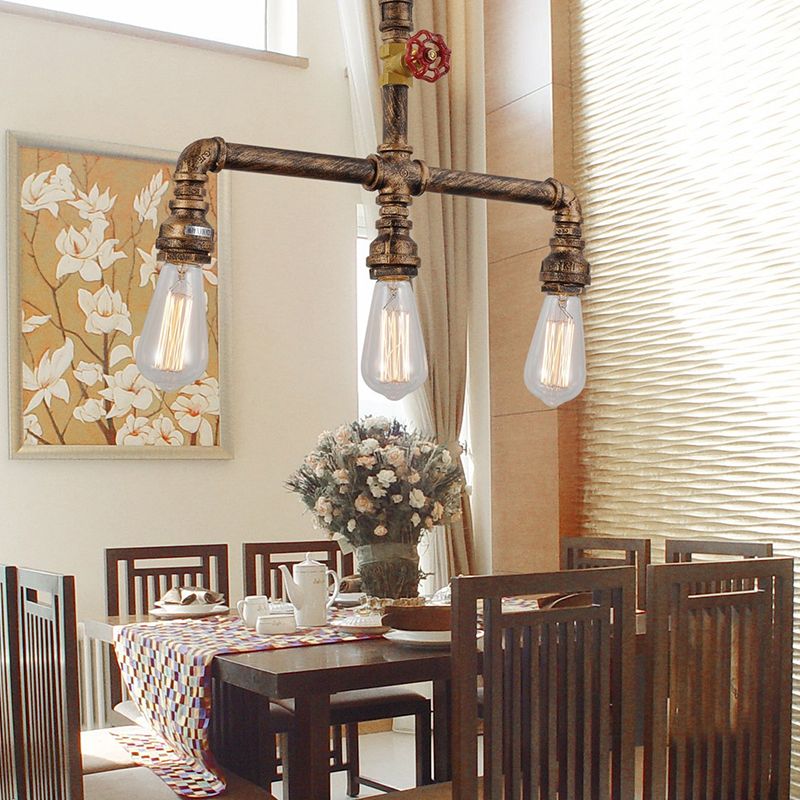 Water Pipe Restaurant Island Lamp Industrial Metal 3-Head Hanging Light with Red Valve Decor