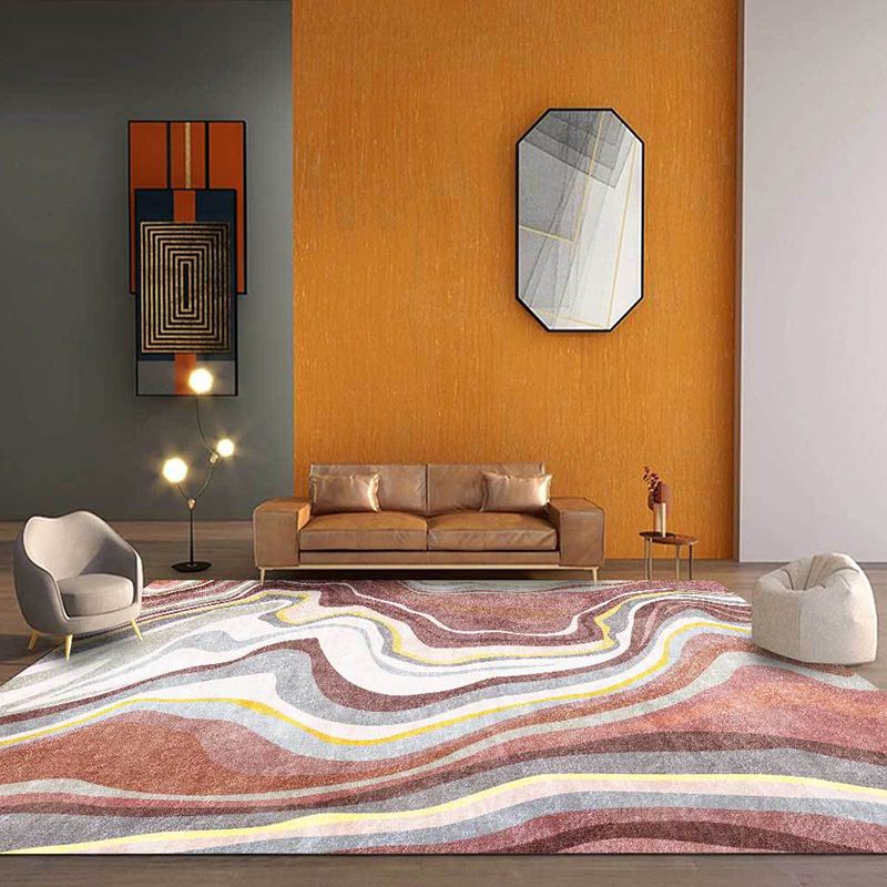 Pink and White Nordic Rug Polyester Swirl Striped Pattern Rug Washable Non-Slip Backing Carpet for Living Room