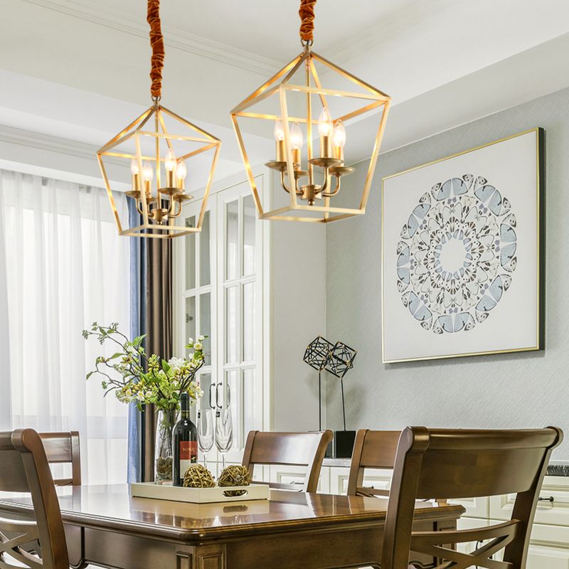 4 Bulbs Ceiling Lamp with Geometric Shade Metal Traditional Dining Room Chandelier Pendant Light in Gold