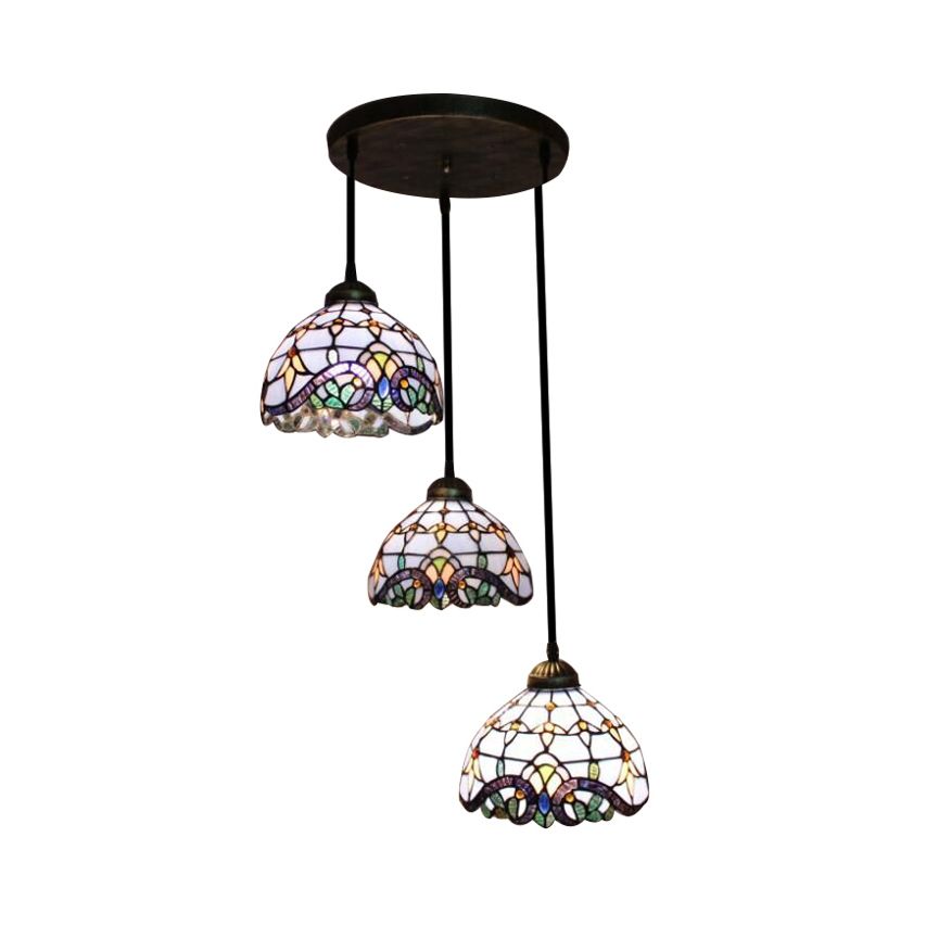 Victorian Dome Pendant Light Stained Glass 3 Heads Linear/Round Hanging Light in White/Blue for Dining Room