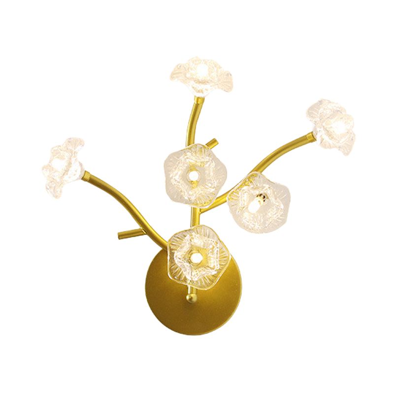 Floral Bedside Sconce Light Fixture Transparent Glass 6 Bulbs Modern Wall Mount Lamp in Gold