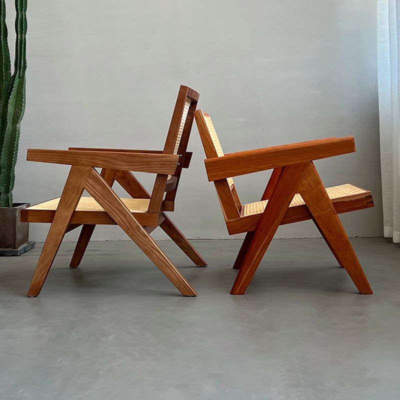Woven Back Lounge Chair Solid Wood Arms Included Chair with Cushion