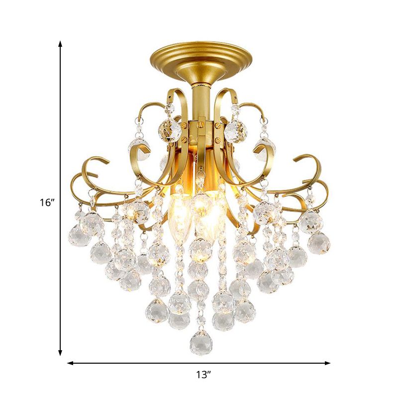 Lámpara de techo con brazo curvo, bola de cristal facetada contemporánea, 3 luces, luz semiempotrada dorada/negra