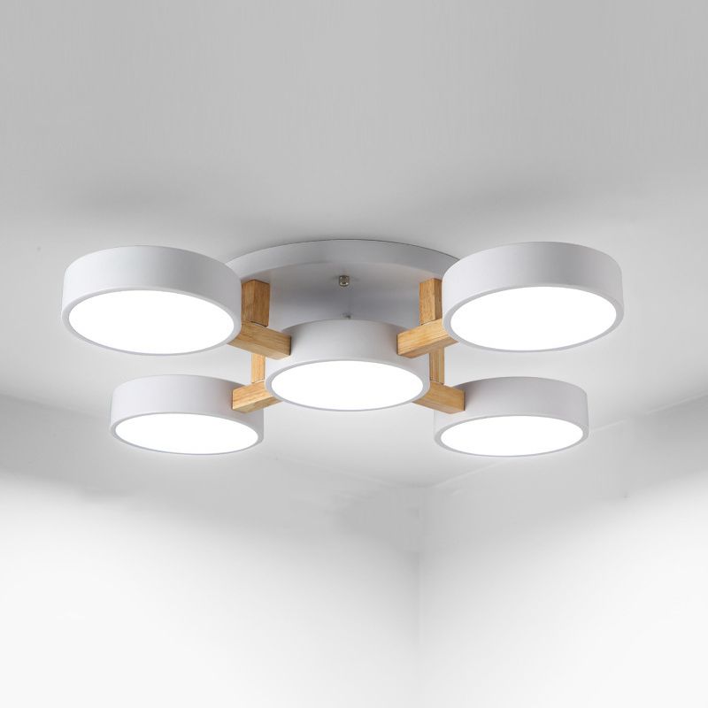 Lámpara de techo minimalista de acrílico con iluminación semimontaje redonda para sala de estar con brazo de madera