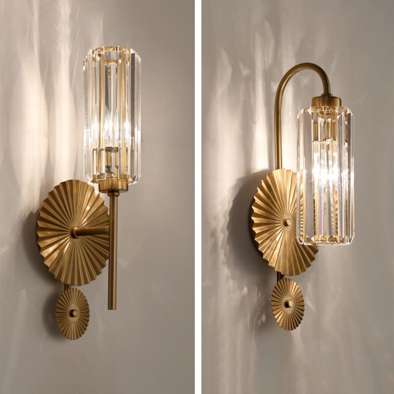 Cylinder Shape Crystal Wall Light Modern Style 1 Light Wall Light Sconces in Brass