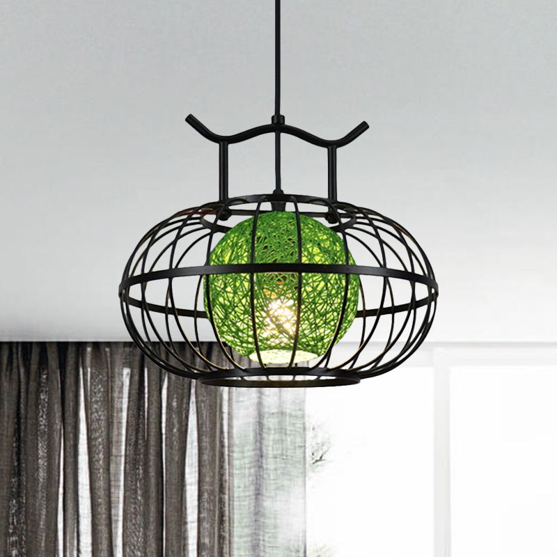 Metallkürbiskäfighängeanhänger Licht mit innerer Rattankugel Schatten Asian Style 1 Light Suspension Lampe in Rot/Gelb