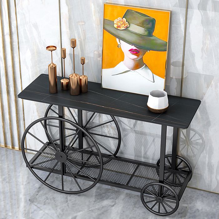 Contemporary Iron Console Sofa Table Rectangle Marble Accent Table with Shelf for Hall