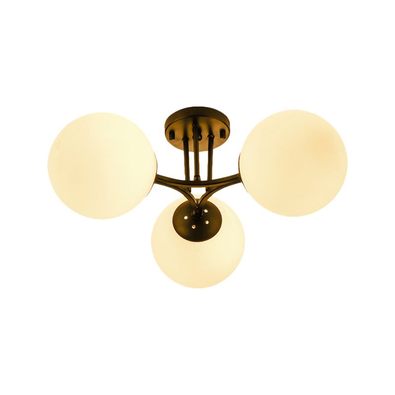 3/6 Lights Living Room Ceiling Light Fixture Traditional Black Semi Flush with Globe White Glass Shade