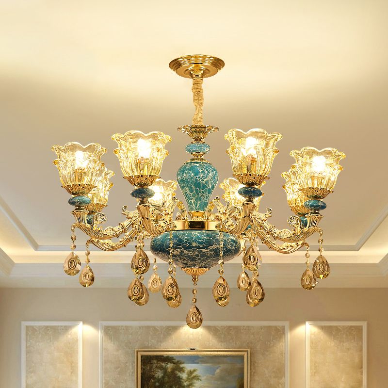 2-Layered Flower Chandelier Vintage Gold Finish Clear Glass Hanging Ceiling Light