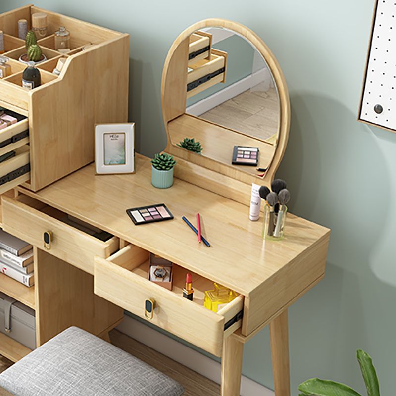 Rubberwood Vanity Set with Stool and Mirror Scandinavian 4 Drawers Dresser