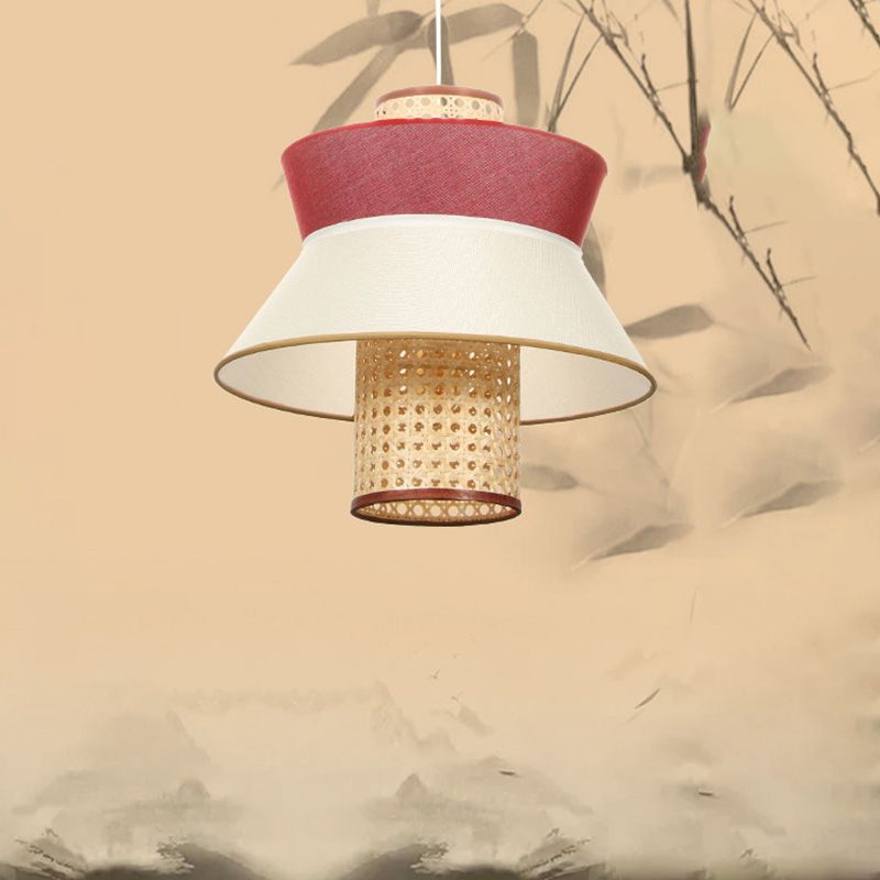 Pink Flared Ceiling Suspension Lamp Asian Style Single Bulb Rattan Hanging Light Kit for Dining Room