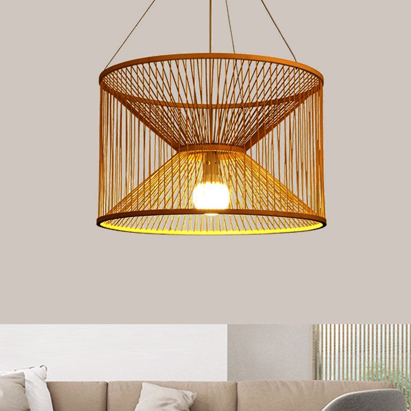 Rustic Hourglass Hanging Light Bamboo 1 Bulb Ceiling Pendant Lamp in Wood for Living Room