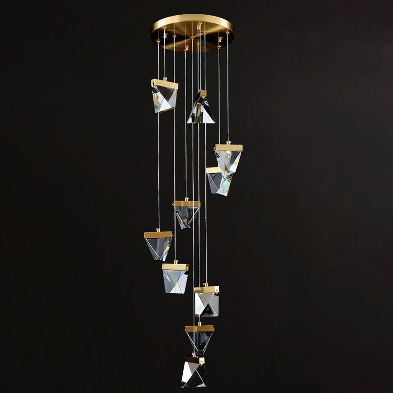 Clear Crystal Triangle Spiral Cluster Pendant Contemporary Hanging Lighting for Stairs