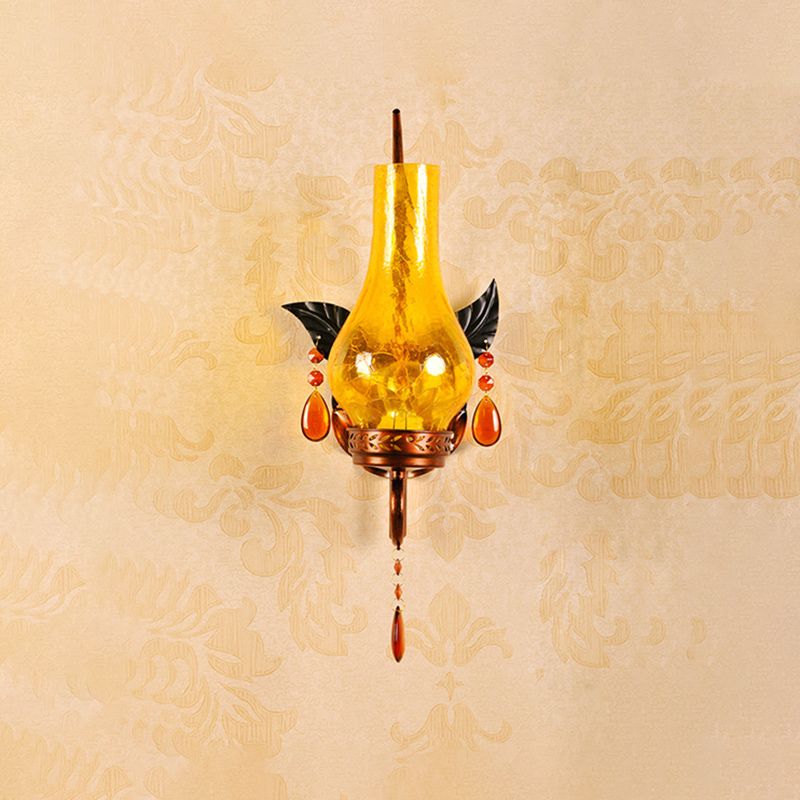 Traditional Vase Wall Mount Light Yellow Cracked Glass 1 Light Bathroom Wall Light Sconce with Orange Crystal Deco