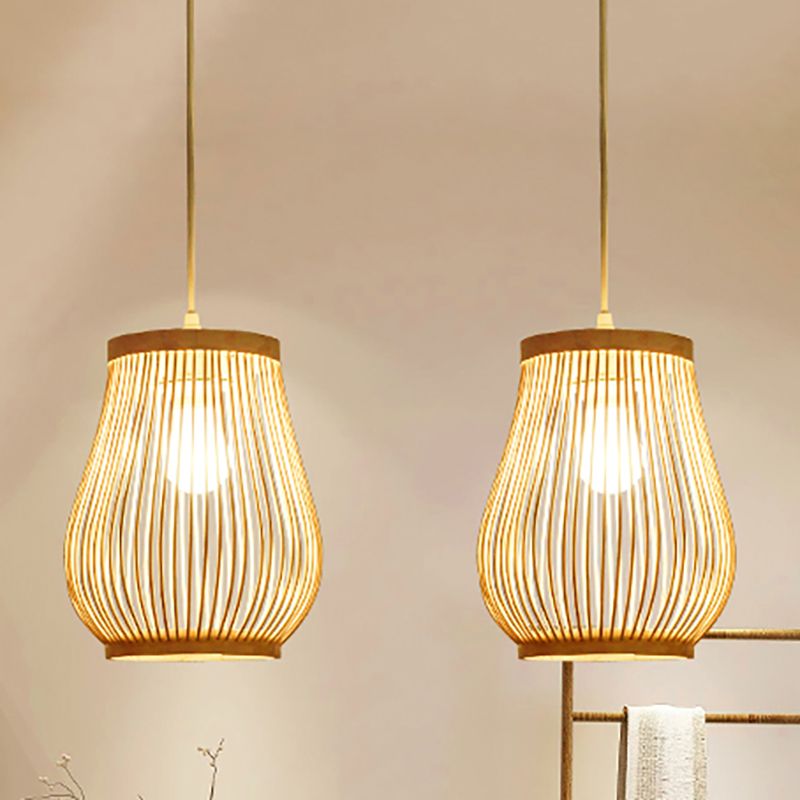 Bambus gewebter Schatten Anhänger Deckenleichter Asiatischer Stil 1 Glühbirne Beige Hanging Lampe, 7 "/8" breit