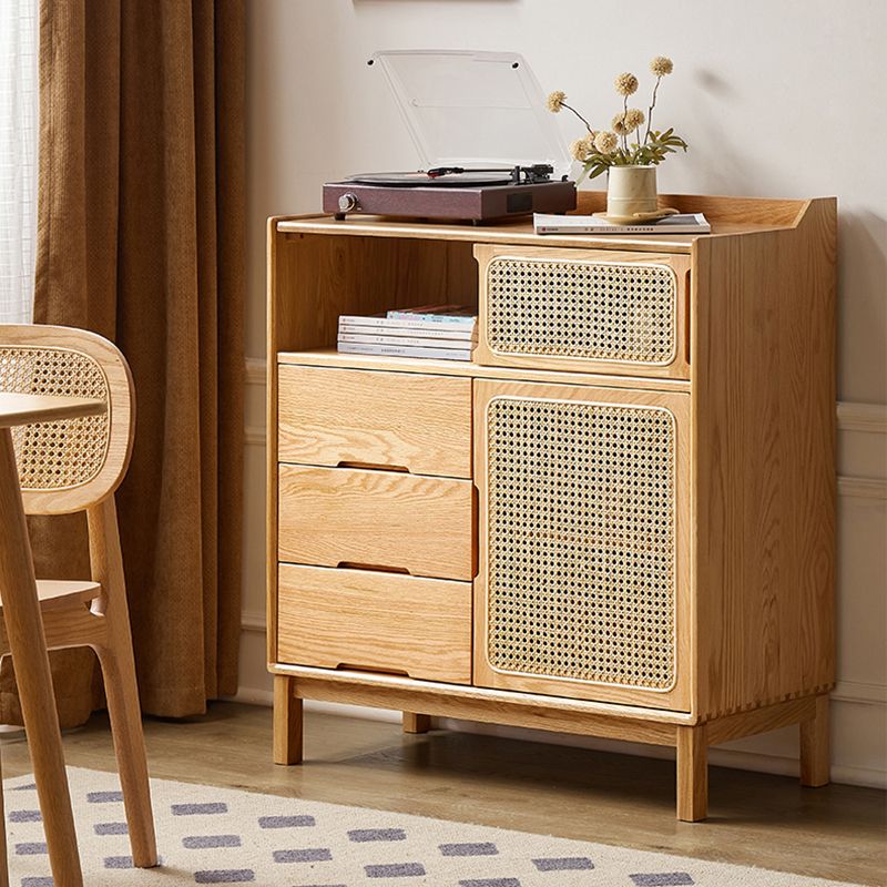 Solid Wood Dining Server Modern Style Rattan Door with 3 Drawers