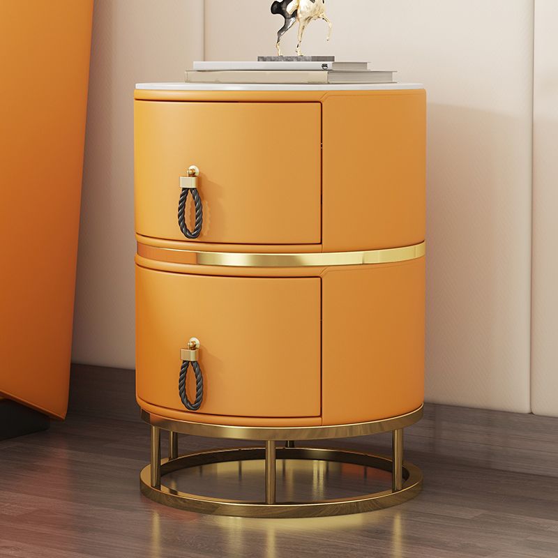 Glam Round Nightstand with 2 Drawers 20" Tall Stone Top Night Table