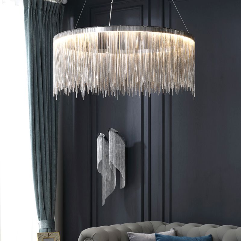 Silver Round Pendant Pildal Metal Chain Shade Chandelier Light pour salle à manger