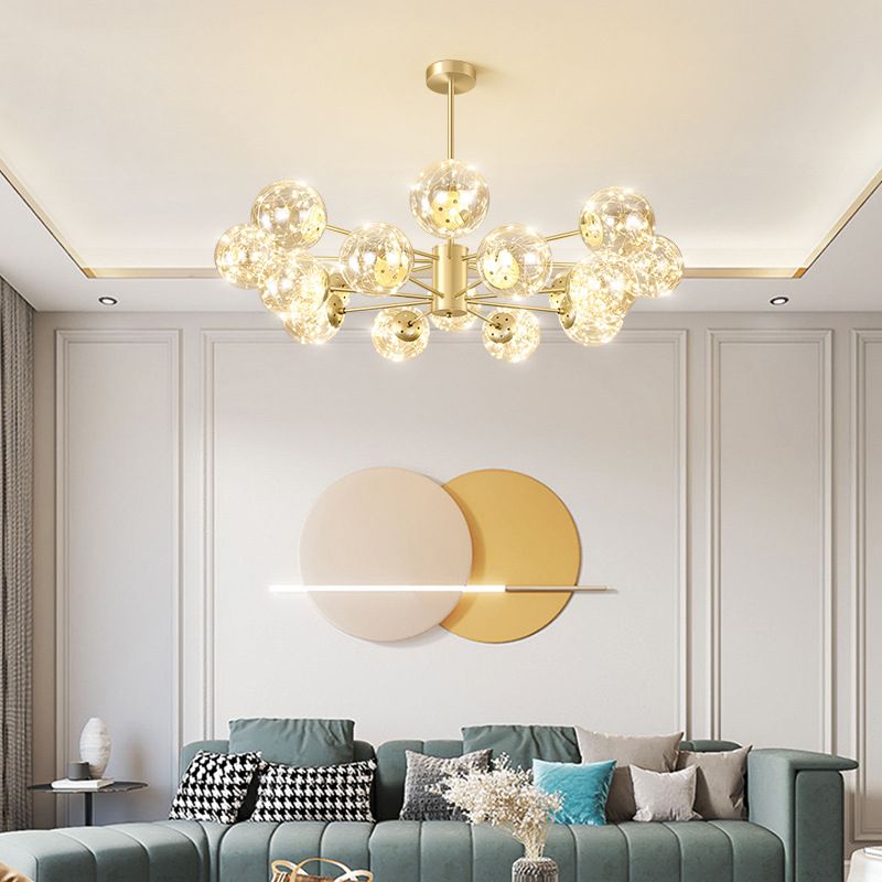 Radial LED Chandelier Light Contemporary Metallic Living Room Pendant Light with Globe Clear Glass Shade in Gold