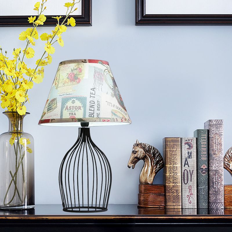 1 Head Barrel Night Table Lamp Traditional Black Nightstand Lighting with Metal Wire Cage Base