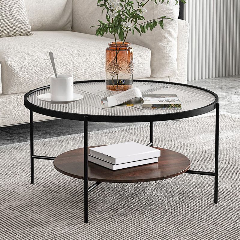 Contemporary 4 Legs Round Glass Top with Storage Shelf Single Coffee Table