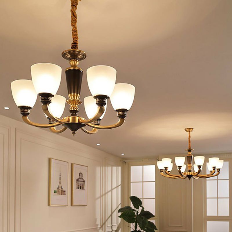 Black-Bronze Hanging Ceiling Light Traditional Frosted Glass Bell Chandelier for Living Room