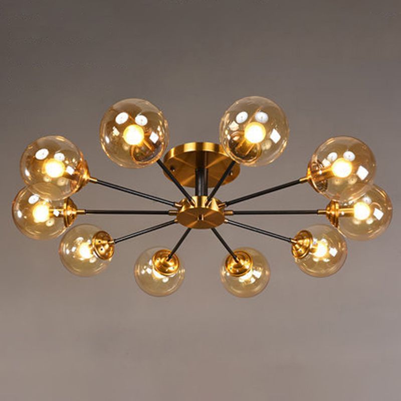Lámpara de techo radial con acabado de latón, iluminación semimontada de metal posmoderno con pantalla de cristal esférica