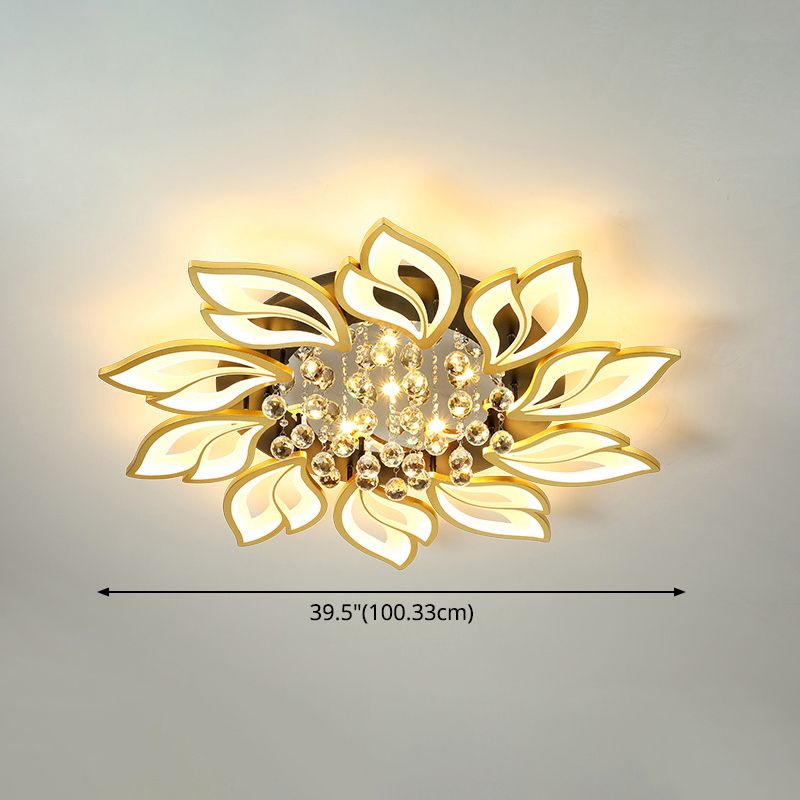 Gold Finish Flower Ceiling Lighting Contemporary LED Metal Semi Flush Mount with Crystal Ball