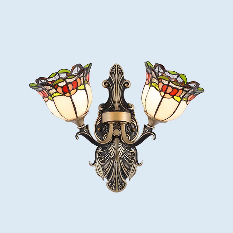 Cut Glass White/Red/Yellow Wall Lighting Idea Blossom/Domed 2 Lights Tiffany Stylish Sconce with Curved Arm