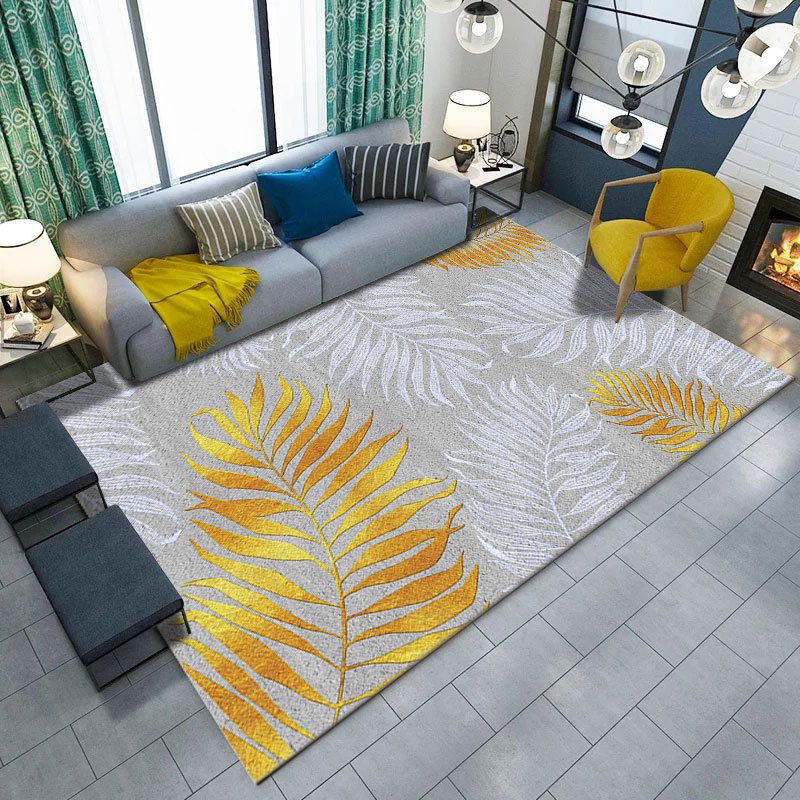 Simple Modern Rug in Grey Botanical Leaf Pattern Rug Polyester Washable Carpet for Home Decoration