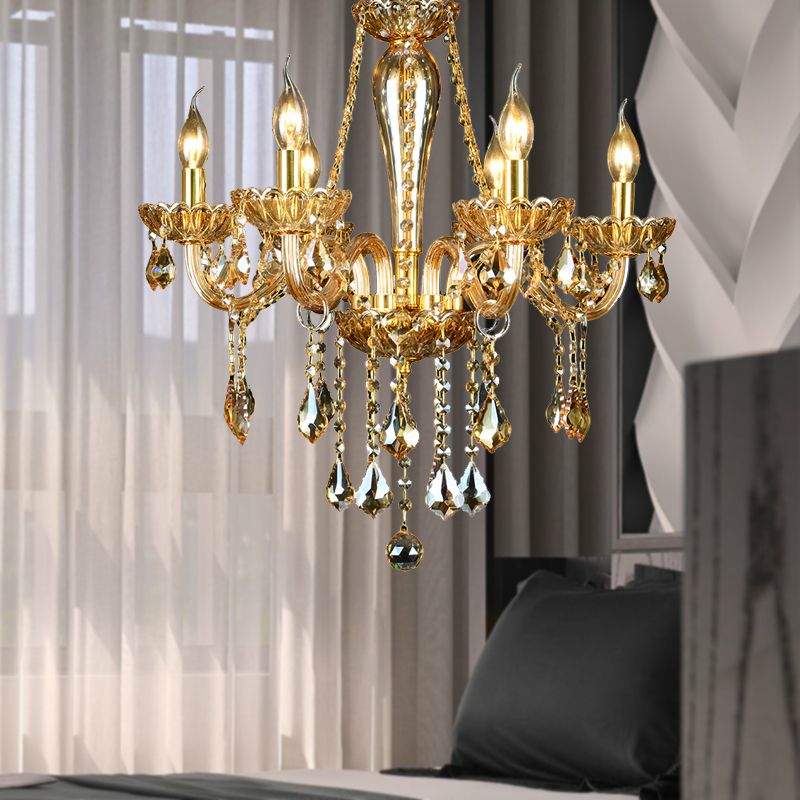 6 hoofden goudglas hangend plafondlicht traditionele kaarsen woonkamer kroonluchter verlichting met kristallen druppel