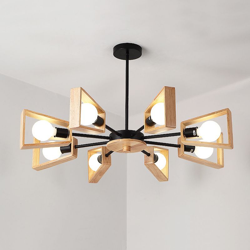 Wood Trapezoid Frame Suspension Lamp Modernist 8-Head Black Ceiling Chandelier with Radial Design