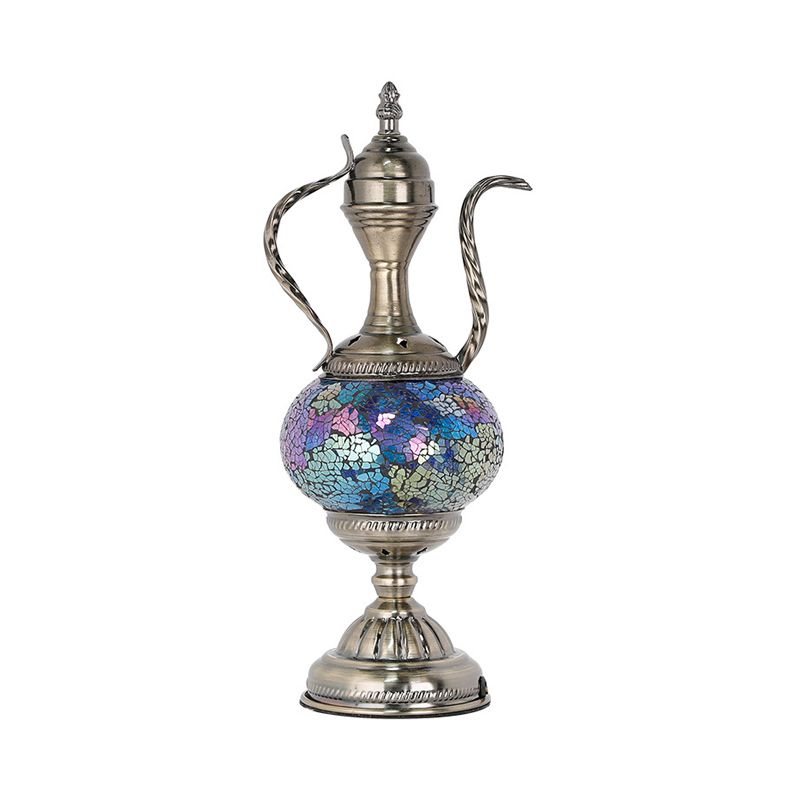 Vintage Teapot Shaped Night Table Lamp 1 Bulb Pink/Purple/Blue and Purple Stained Glass Nightstand Light for Bedroom