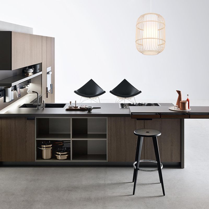 Lámpara colgante de tono de cilindro de estilo asiático 1 cabezal de la sala de estar del techo de la sala de estar en beige, 16 "/19.5" W