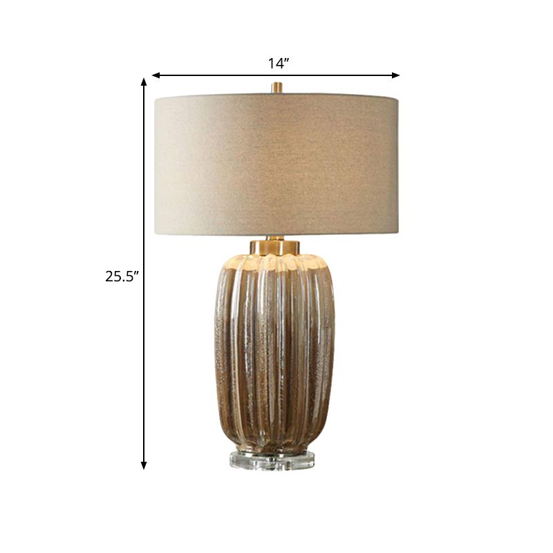 Lampe de nuit à ombre à tambour antiquée 1 lumière de bureau de tissu de bulbe avec base cylindrique en marron